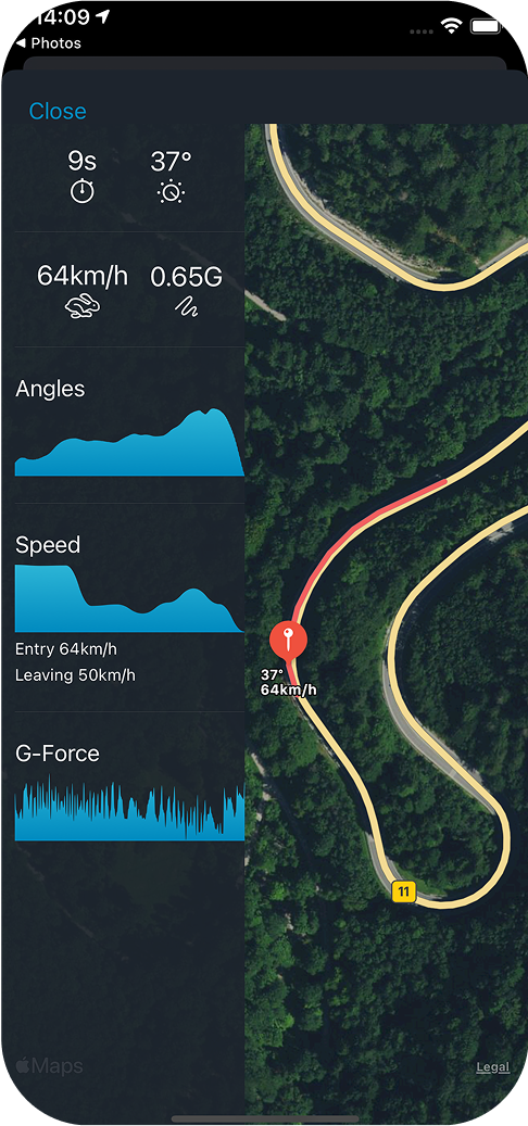 Motorcycle corner details and lean angle recorded in Curve Tracker